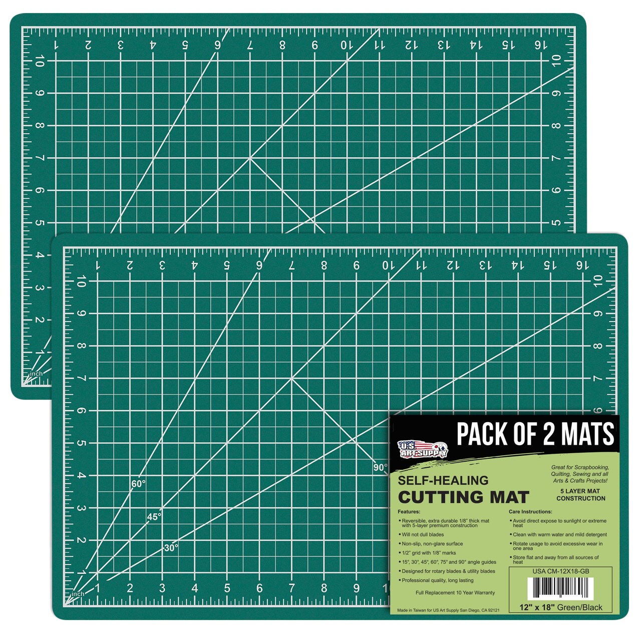 12" x 18" Self-Healing Cutting Mat 5-Ply (2 Pack) - Double-Sided Green/Black Craft Mat, Non-Slip Cutting Mats for Crafts, Sewing, Quilting, Scrapbooking